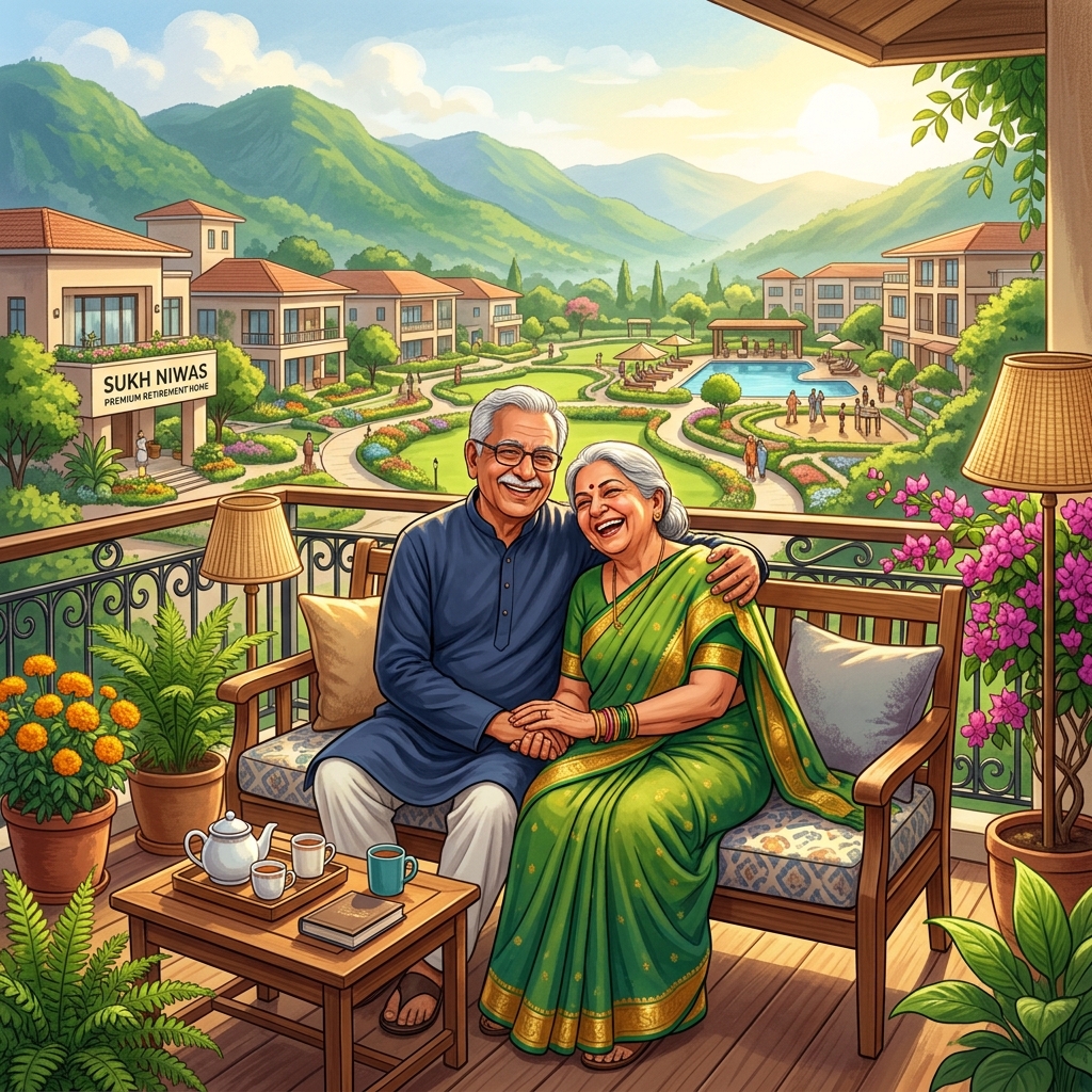 Illustration of a happy Indian couple on a balcony overlooking Aran Senior Living