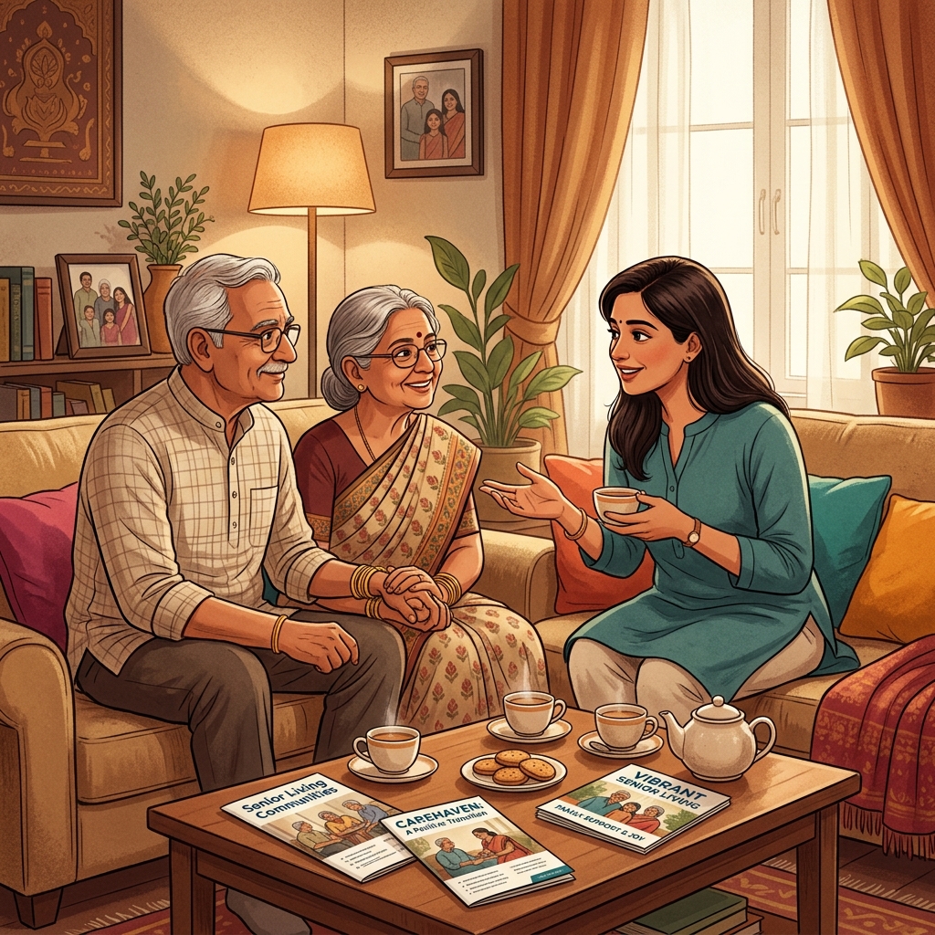 A family having a supportive conversation about senior living